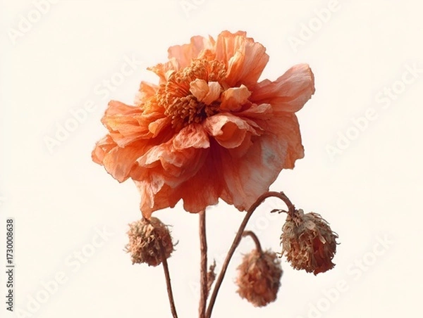 Fototapeta The delicate orange bloom contrasts beautifully with its wilting buds in a warm and tranquil scene today.