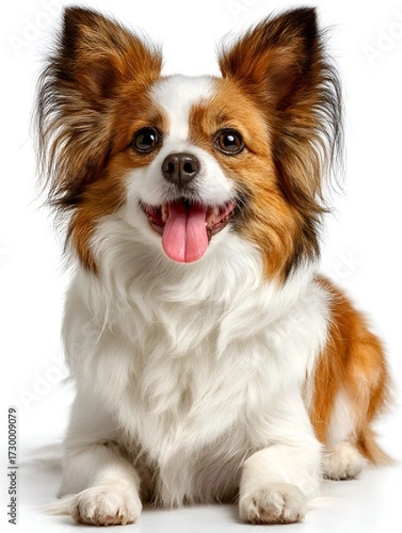 Fototapeta Happy brown and white Papillon dog is lying down with its tongue out and looking at the camera sweetly.
