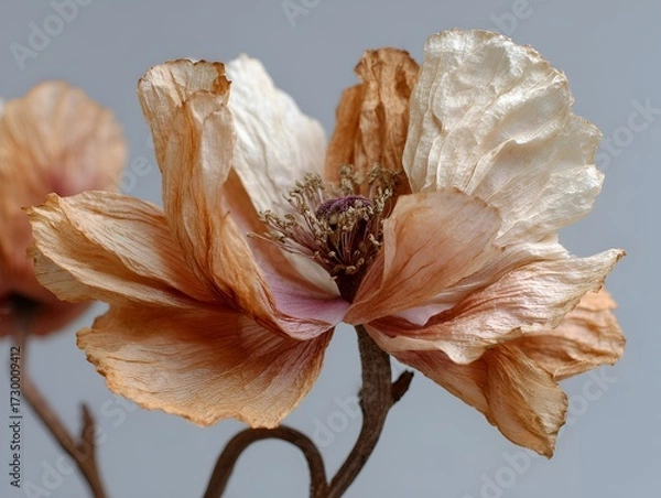 Fototapeta A delicate peach colored crepe paper flower is gracefully displayed against a soft gray studio background.