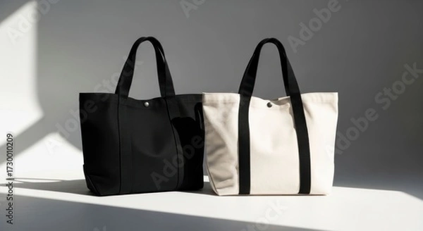 Obraz Two neutral-toned tote bags, black and cream, on a plain background