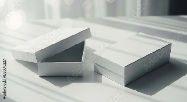 Obraz Two open white boxes on a light surface, bathed in sunlight