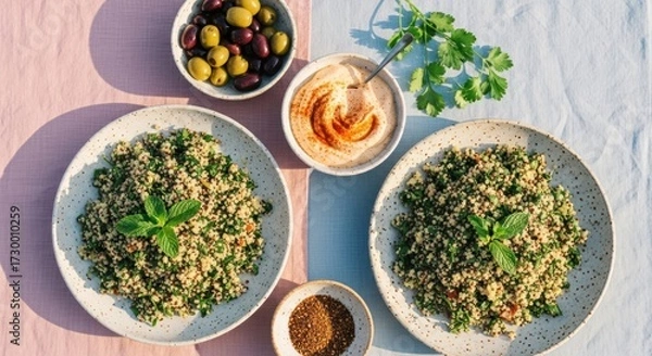 Obraz Two plates of tabbouleh, hummus, olives, and herbs on a pastel background