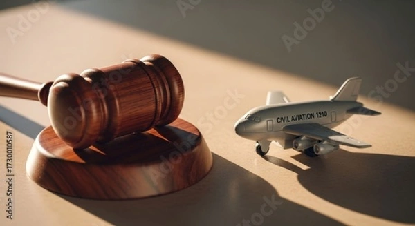 Obraz Wooden gavel and toy airplane on a table. Sunlight highlights the items
