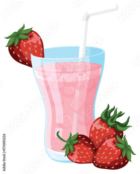 Obraz Glass of Strawberry Milkshake with Fresh Strawberries and Straw