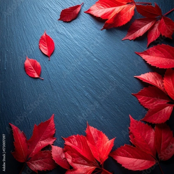 Obraz Autumn leaves frame on dark slate