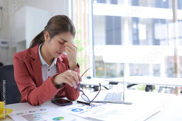 Obraz Stressed businesswoman overwhelmed with work and deadlines at the office.