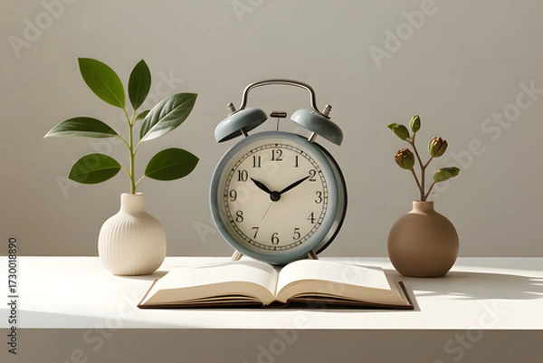 Fototapeta Minimalist still life featuring a vintage blue alarm clock centered between two small ceramic vases holding green plant stems