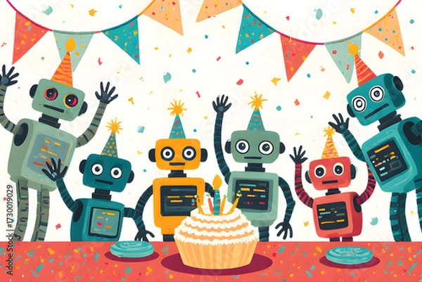 Fototapeta A cheerful and fun 2d depicting a robot birthday party scene.