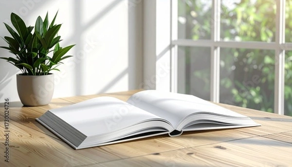Obraz An open book lies on a wooden table near a potted plant and a window with soft sunlight streaming in, creating a peaceful reading atmosphere
