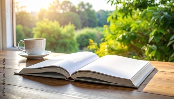 Obraz Reading Moment Coffee and Book Enjoyed with a View Amidst Nature's Embrace