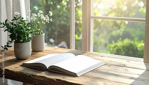 Obraz Open book resting on a rustic wooden table bathed in sunlight, with potted plants and a blurred window view of greenery