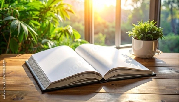 Obraz Open Book on Wooden Table Near Window with Lush Greenery and Sunlight Illuminating Pages
