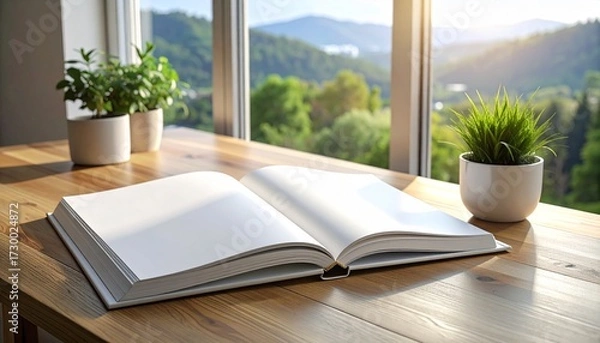 Obraz Open Book on Wooden Table by Window Overlooking Mountain Vista