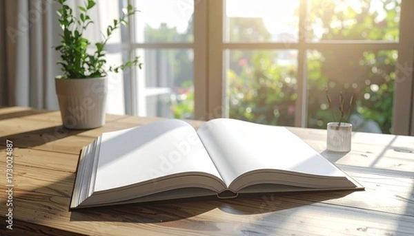 Obraz Open blank book on a sunlit wooden table with a plant, creating a serene atmosphere for new ideas, unwritten stories, and quiet contemplation of future possibilities