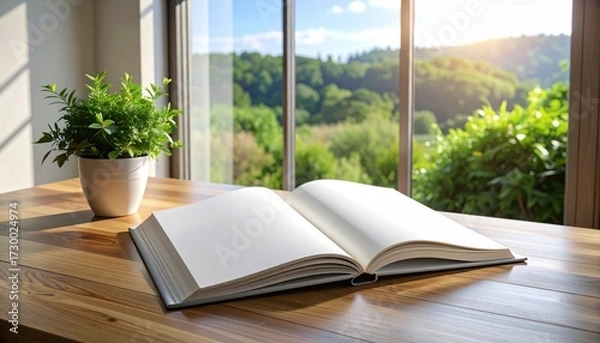 Obraz Open book resting on a wooden table with a potted plant and a sunlit green landscape visible through the window