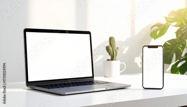 Obraz Contemporary work from home setup with a laptop and smartphone featuring blank white screens for mockup or advertising