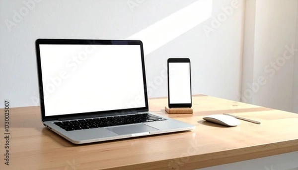 Obraz Workspace Essentials Laptop and Smartphone on a Wooden Desk, Ready for Work or Play