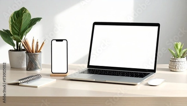 Obraz Contemporary office workspace with laptop and smartphone screens for mockup on a sunlit wooden desk with plants