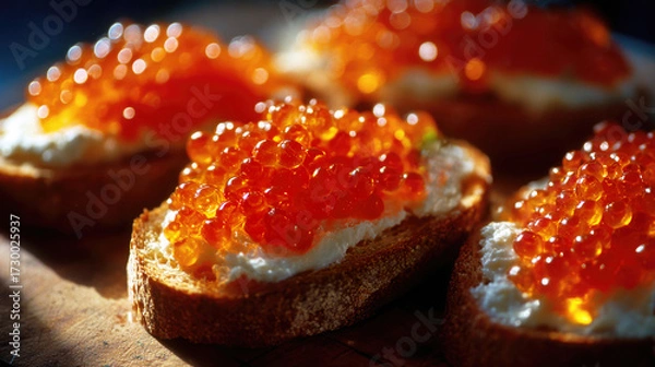 Fototapeta Rustic bread with red caviar and cream cheese in sunlight
