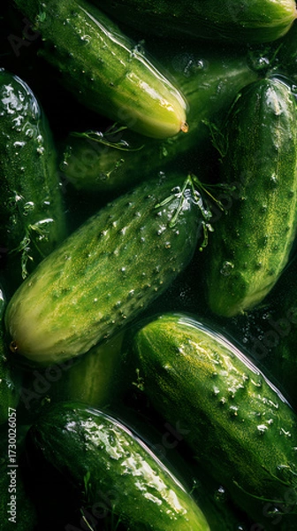 Fototapeta Fresh cucumbers in water with detailed texture closeup