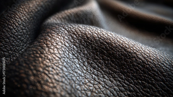 Fototapeta Closeup of black leather surface with textured grain folds