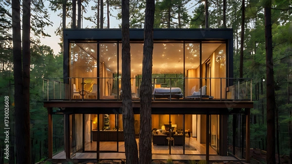 Fototapeta Elevated glass-walled house among tall trees with a private balcony and hanging lights