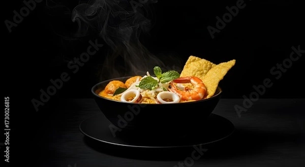 Fototapeta "Japanese gyoza dumplings on a ceramic plate, crispy edges, light steam escaping, minimalist styling, side view, white background."