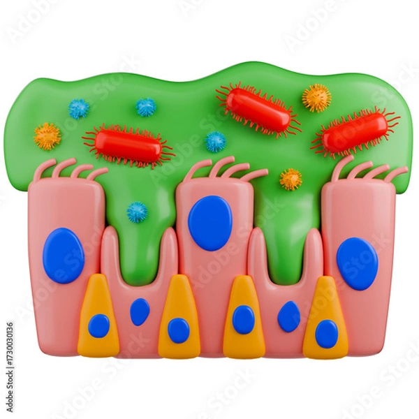 Fototapeta 3D medical illustration of an infected nasal mucous membrane shows ciliated cells moving, goblet cells secreting green mucus, and viruses and bacteria trapped on mucus layer.