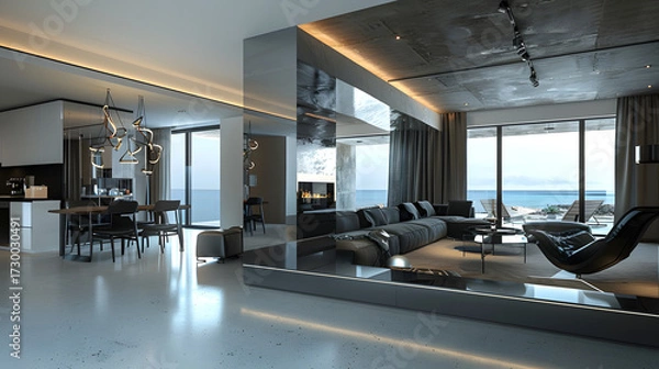 Fototapeta modern apartment with mirror illusion design, reflective walls, infinity effect, futuristic clean style, cinematic 16:9