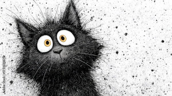 Fototapeta Frazzled Nervous Cat Cartoon in Black and White Ink Drawing. Generative AI