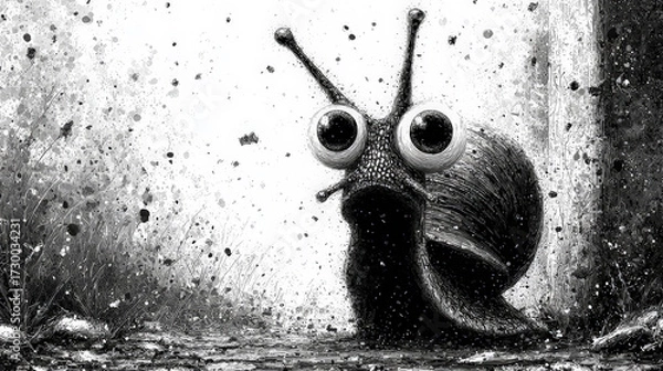 Fototapeta Frazzled Nervous Snail Cartoon in Black and White Ink Drawing. Generative AI