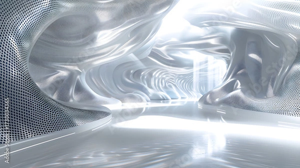Fototapeta interior with AI-generated wall patterns, abstract flowing textures, futuristic digital art integrated into walls, cinematic 16:9