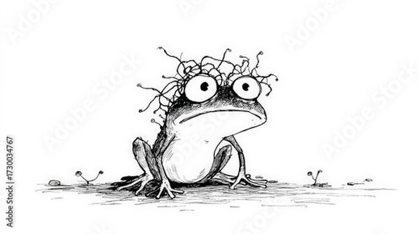 Fototapeta Frazzled Nervous Frog Cartoon in Black and White Ink Drawing. Generative AI