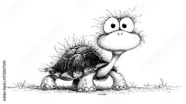 Fototapeta Frazzled Nervous Turtle Cartoon in Black and White Ink Drawing. Generative AI