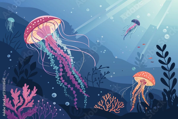 Fototapeta Jellyfish Glowing Underwater Bold Vecto High-Quality Stock Image Perfect for Editorial Content