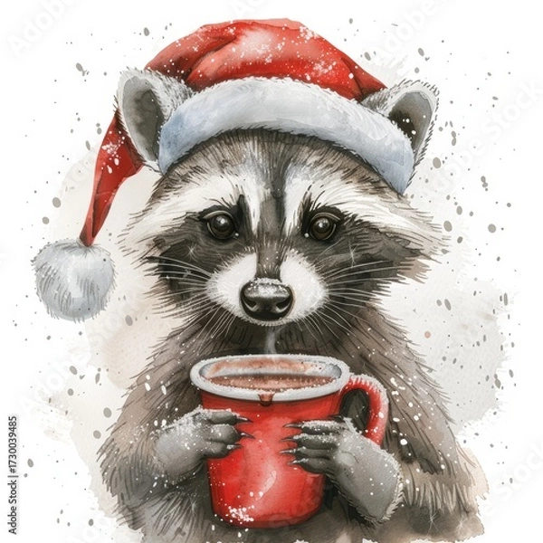 Fototapeta Raccoon wearing festive red hat holding steaming mug of holiday cocoa in warm beige and white palette