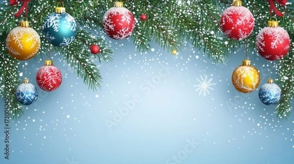Fototapeta Vertical banner with evergreen branches and vibrant spherical ornaments against pale blue backdrop for winter festivities