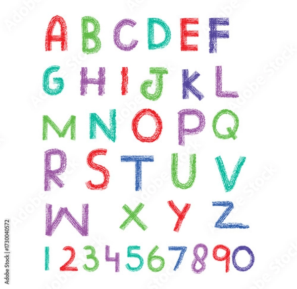 Fototapeta Colorful handwritten alphabet and numbers set in playful rainbow shades, uppercase and lowercase bold typography design, perfect for kids learning, posters, school projects, and creative education.
