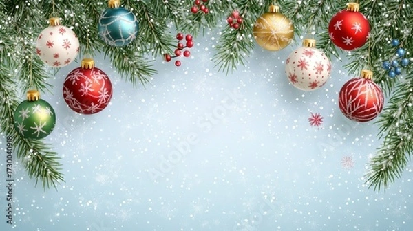 Fototapeta Vertical festive arrangement of fir branches with colorful baubles and ornaments against light blue background for holiday season