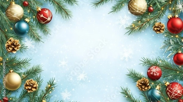 Fototapeta Vertical Holiday Banner with Evergreen Branches and Vibrant Sphere Ornaments on Pale Blue Backdrop