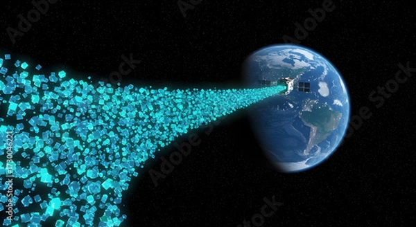 Fototapeta Data packets depicted as glowing cubes flowing from a satellite towards Earth