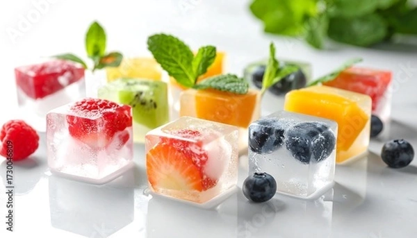 Obraz Colorful fruit ice cubes on a surface