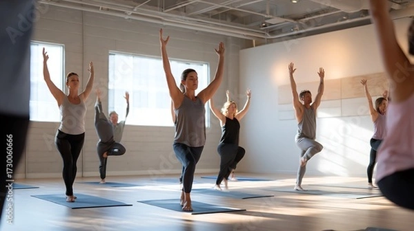 Fototapeta Group Yoga Class with Women and Men Practicing Meditation and Stretching in Fitness Studio