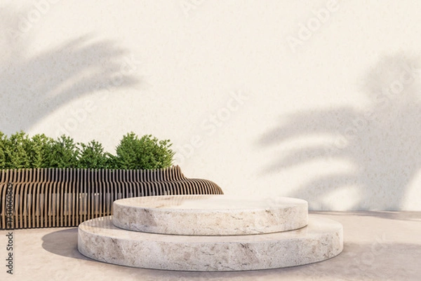 Fototapeta Stone Podium with Wooden Planter and Green Shrubs. 3d rendering