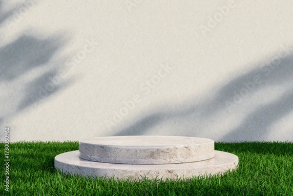 Fototapeta Stone Podium with Green Grass and Shadows in Minimal Scene. 3d rendering