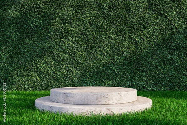 Fototapeta Outdoor Stone Podium with Green Hedge Background and Grass. 3d rendering