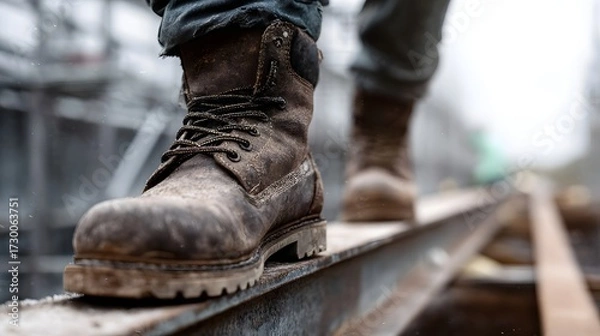 Fototapeta Close up of a construction worker s dirty boots stepping on a steel beam symbolizing hard work and progress