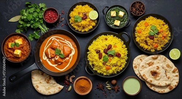 Obraz Traditional Indian Cuisine Flat Lay with Butter Chicken, Paneer Curry, Basmati Rice, Naan Bread, Fresh Salad, and Spices on Dark Background