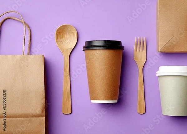 Fototapeta Paper cups and wooden utensils with bag and box on purple background