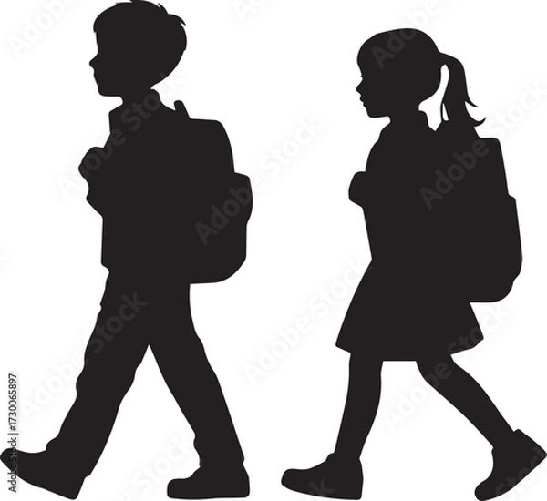 Fototapeta children walking to school with backpack silhouette vector illustration